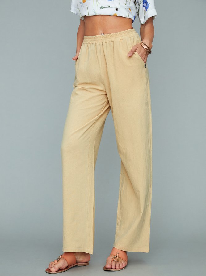 Women Casual Loose Pockets Elastic Waist Linen Pants Ankle Length Pants