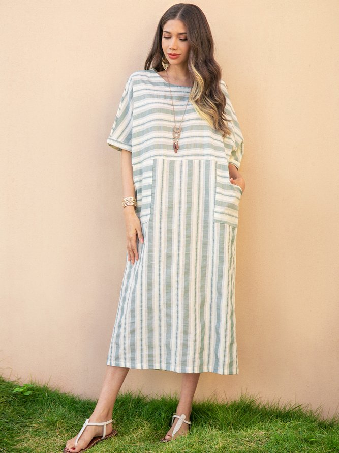 Women Stripe Half Sleeve Pockets Casual Shift Weaving Dress