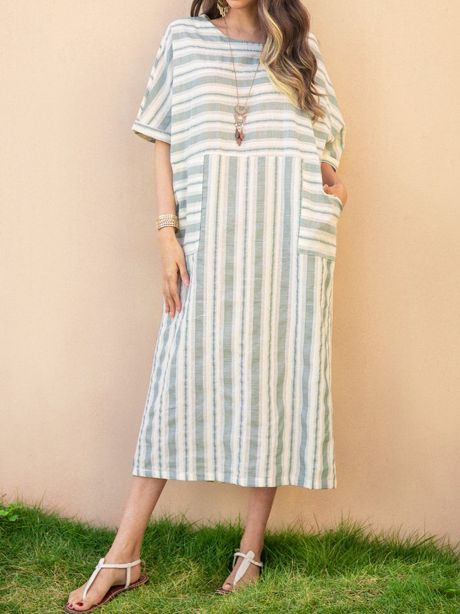 Women Stripe Half Sleeve Pockets Casual Shift Weaving Dress