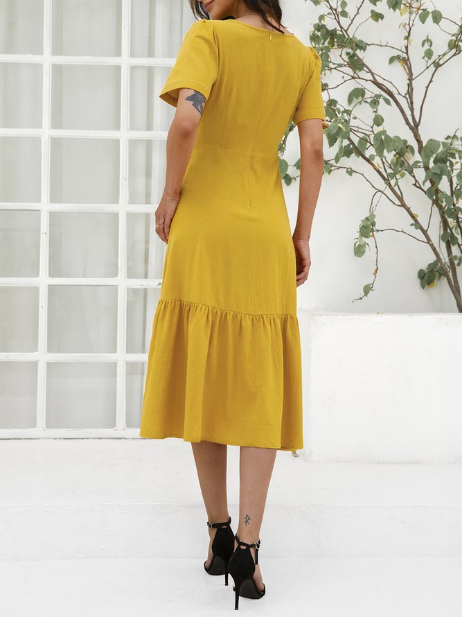 V Neck Short Sleeve Polyester Cotton Weaving Dress