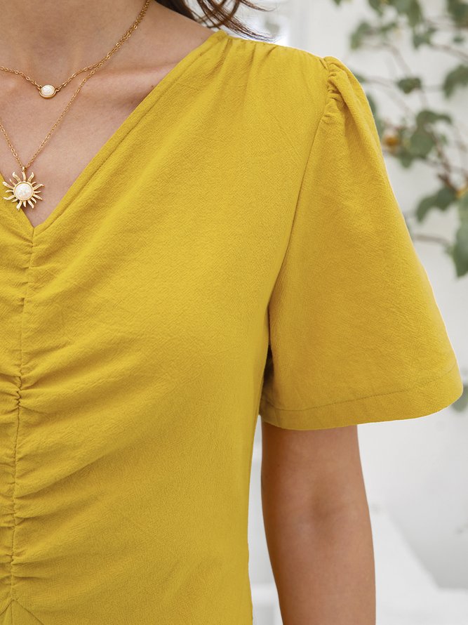 V Neck Short Sleeve Polyester Cotton Weaving Dress