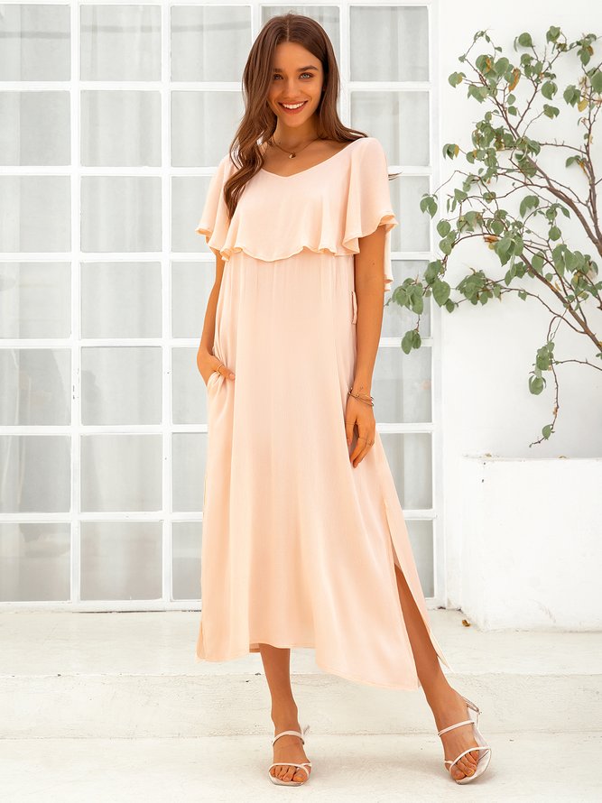 Polyester Fibre Frill Sleeve Sweet Weaving Dress