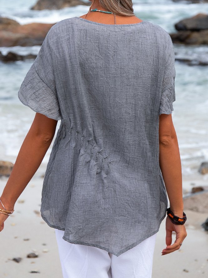 Cotton-Blend Short Sleeve Casual Asymmetric Shirts & Tops
