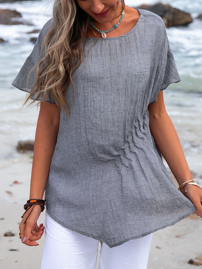 Cotton-Blend Short Sleeve Casual Asymmetric Shirts & Tops