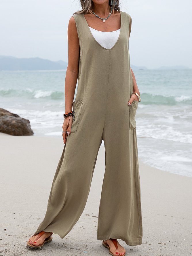 Casual Cotton-Blend Sleeveless V Neck Jumpsuits & Romper