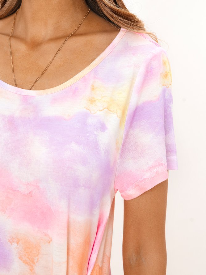 Multicolor  Lace-Up Ombre/tie-Dye Short Sleeve Cotton Knitting Dress