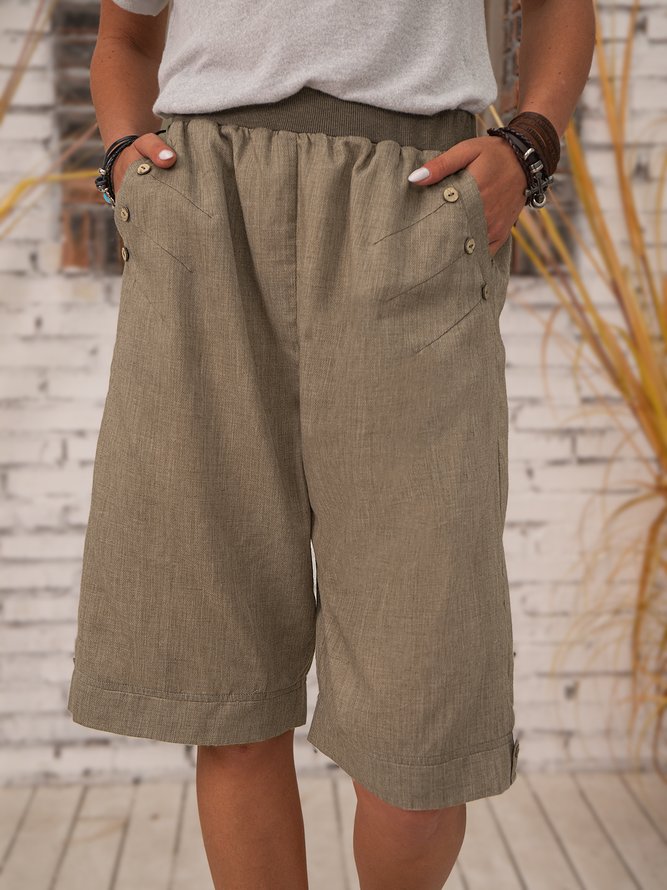 Women Casual Vintage Buttoned Pockets Khaki Summer Linen Shorts