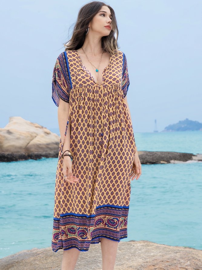 Short Sleeve Exotic Notch Neckline Printed Weaving Dress