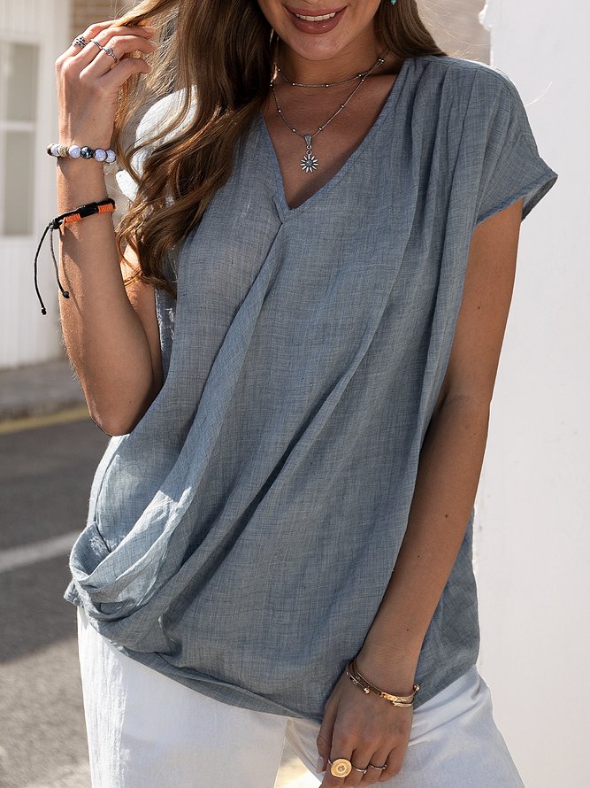 Women Casual V Neck Cowl Neck Asymmetrical Pleated Short Sleeve Tunic Top