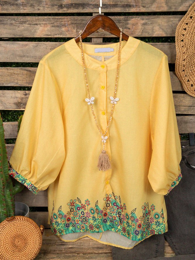 Yellow Floral Casual Cotton-Blend Tops