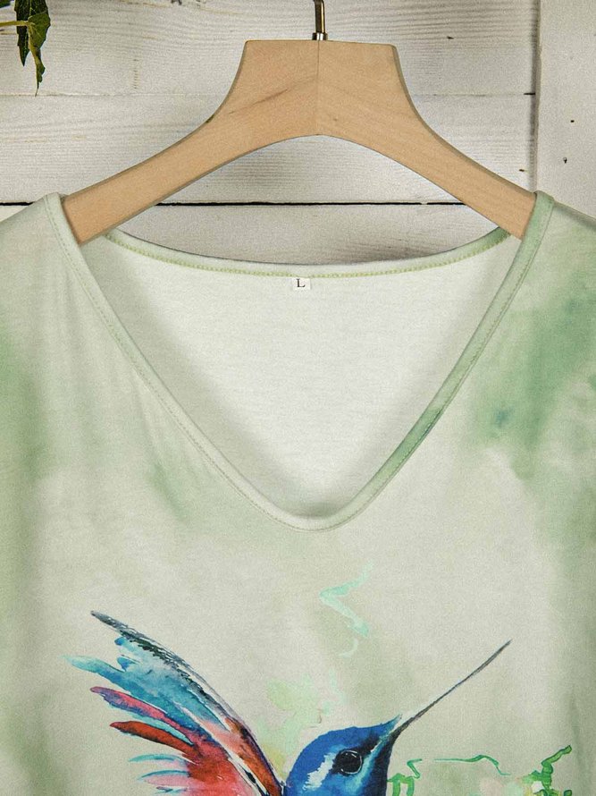 Bird Print V Neck Cotton-Blend Short Sleeve T-Shirts