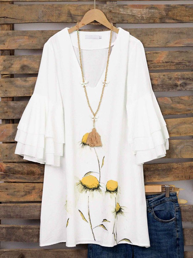 White Casual Frill Sleeve Weaving Dress