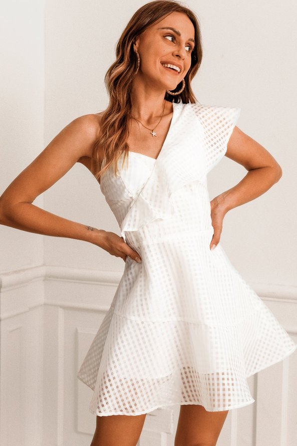 White Tulle Cold Shoulder Checkered/plaid Weaving Dress