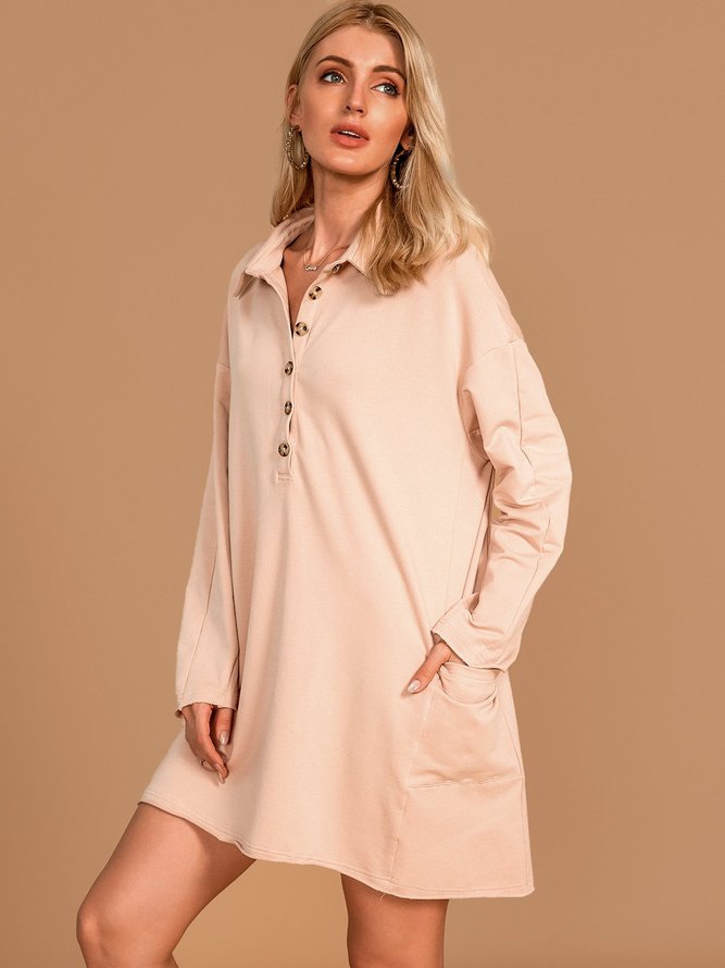 Khaki Long Sleeve Tc Shirt Collar Shift Knitting Dress