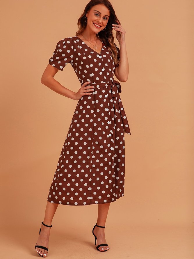 Brown Sweet V Neck Polka Dots Dresses | roselinlin