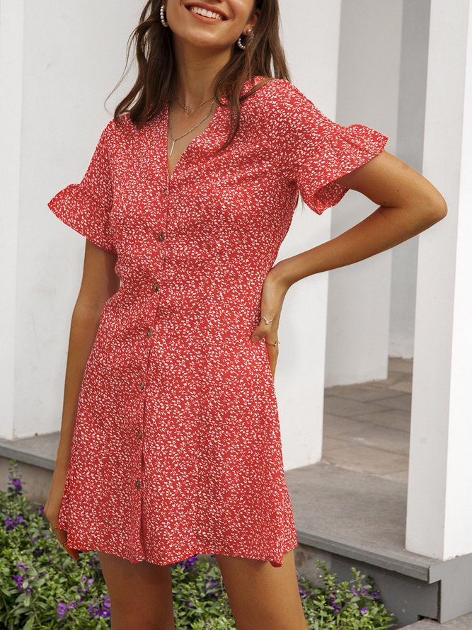 Polyester Cotton Short Sleeve Sweet V Neck Weaving Dress