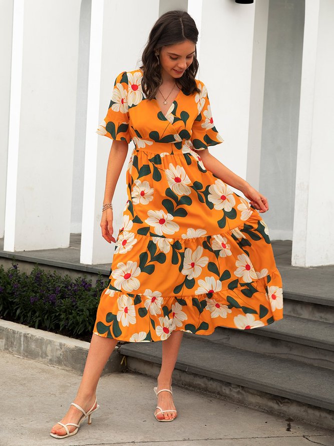 Floral Casual Short Sleeve Weaving Dress