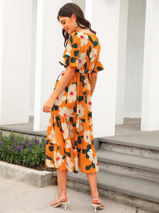 Floral Casual Short Sleeve Weaving Dress