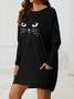 Casual Cat Autumn High Elasticity Daily Loose Long sleeve Crew Neck Regular T-shirt for Women