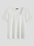 Square Neck Lace Plain Casual Cotton Blends Short Sleeve Women T-Shirt