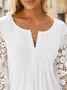 Women Basic Ruched Lace Floral Hollow Out V Neck Buttoned Plain Long Sleeve Tunic Top