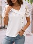 Women Casual Asymmetrical Neck Buttoned Mesh Floral Lace Short Sleeve T-shirt