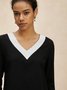 Women Black And White Colorblock V Neck Casual Long Sleeve T-shirt
