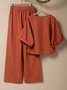 Cotton And Linen Crew Neck Linen Plain Two-Piece Set