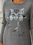 Women Casual Crew Neck Fun Cat Winter Warm Fleece Lined Pullover Sweatshirt