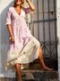 Pink Printed V Neck Boho Weaving Dress