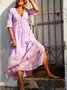 Pink Printed V Neck Boho Weaving Dress