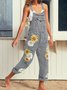 Sleeveless Denim Floral Floral-Print One-Pieces Jumpsuit Overalls