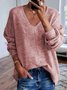 Solid Long Sleeve V-neck Knitted Top