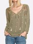 Women Long Sleeve V Neck Floral Embroidered Blouse