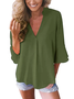 Women Casual Flowy 3/4 Sleeve V Neck Solid Lightweight Blouse