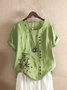 Causal Plus Size Crew Neck Cotton Floral Buttoned Roll Up Short Sleeve Blouse