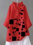 Red Cotton-Blend Short Sleeve Geometric Top