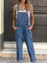 Denmin Blue Casual Sleeveless Buttoned Pockets Jumpsuits