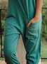 Womens Green Pockets Casual Solid Color Jumpsuit