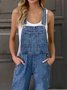 Denmin Blue Casual Sleeveless Buttoned Pockets Jumpsuits