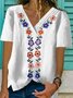 Cotton-Blend Floral V Neck Short Sleeve T-shirt
