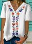 Cotton-Blend Floral V Neck Short Sleeve T-shirt
