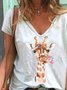 White Floral-Giraffe-Print V Neck Short Sleeve T-shirt