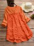 Lace Plain V Neck Cotton Long Sleeve Tunic