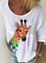 White Casual Daily Animal Printed Cotton-Blend A-Line T-shirt