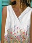 White Casual Floral-Print Floral V Neck Top