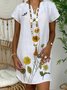 White Linen V Neck Short Sleeve Floral Shirts & Tops