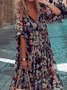 Women Vacation Loose Floral V Neck Short Sleeve Summer Dress