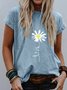 Women Casual Plain Floral-Print Daisy Crew Neck Short Sleeve Summer T-shirt