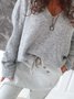 Gray Casual Loose V Neck  Solid Color  Long Sleeve Sweater